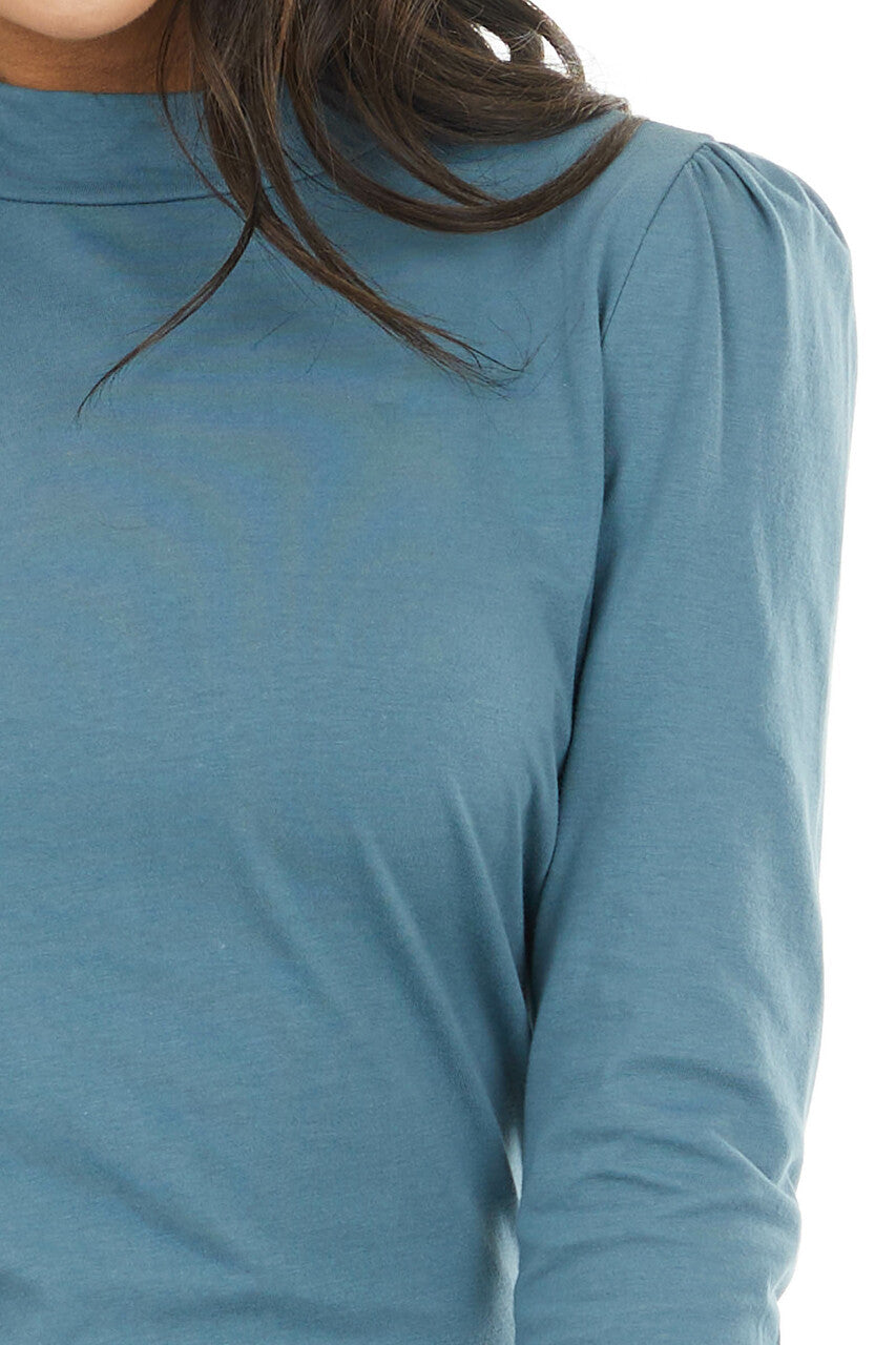 Teal Mock Neck Top with Long Sleeves and Puffy Shoulders