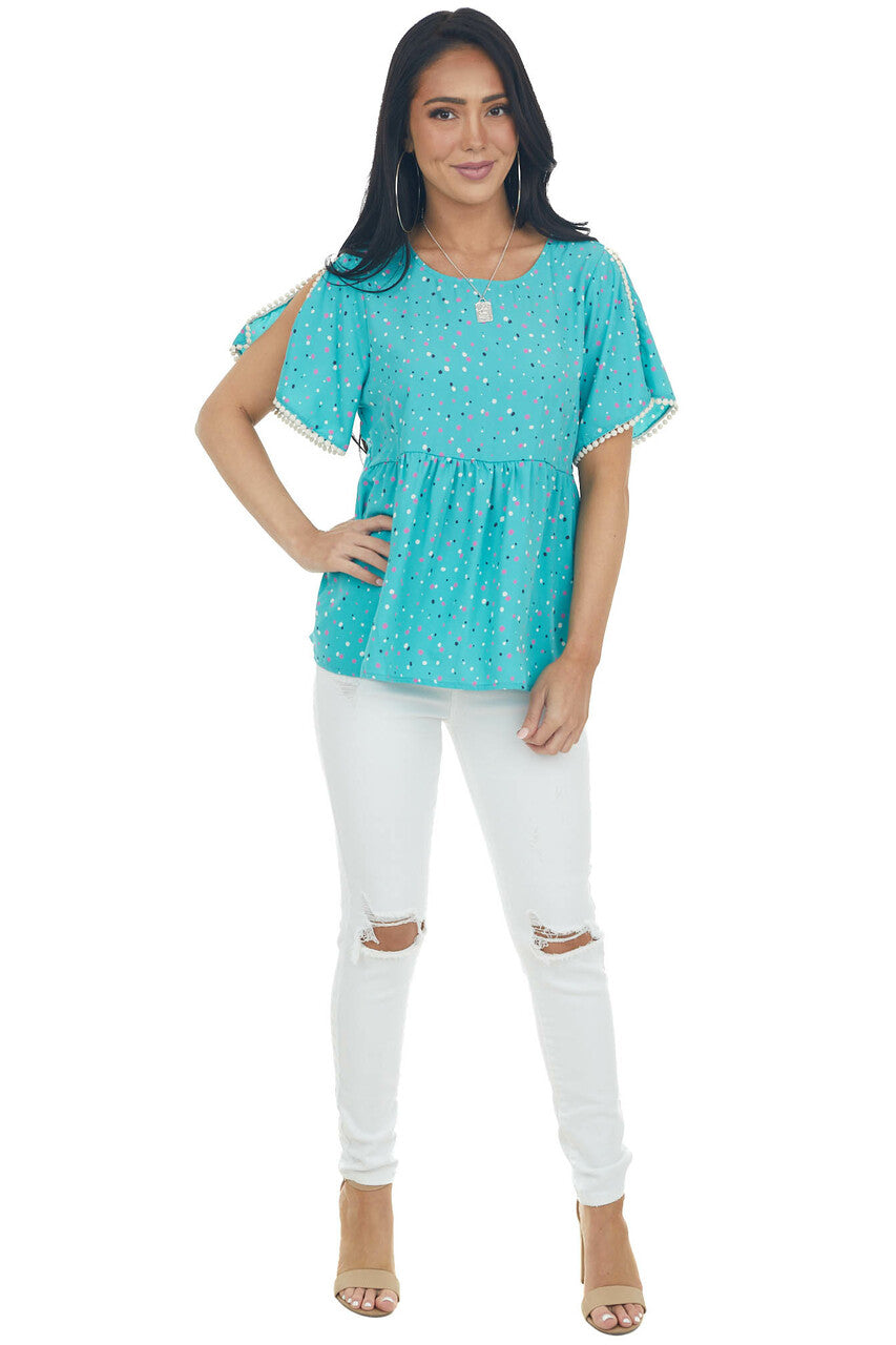 Teal Multicolor Polka Dot Drop Waist Woven Top