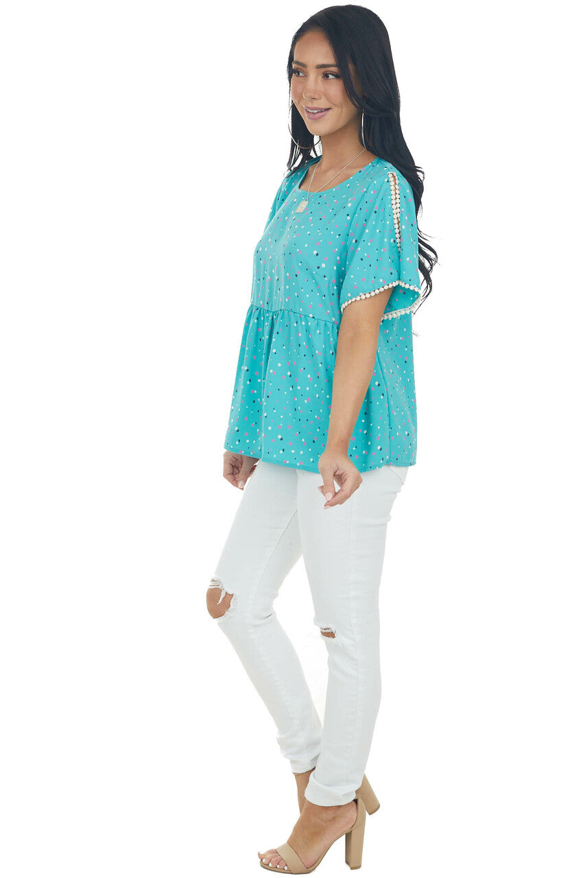 Teal Multicolor Polka Dot Drop Waist Woven Top