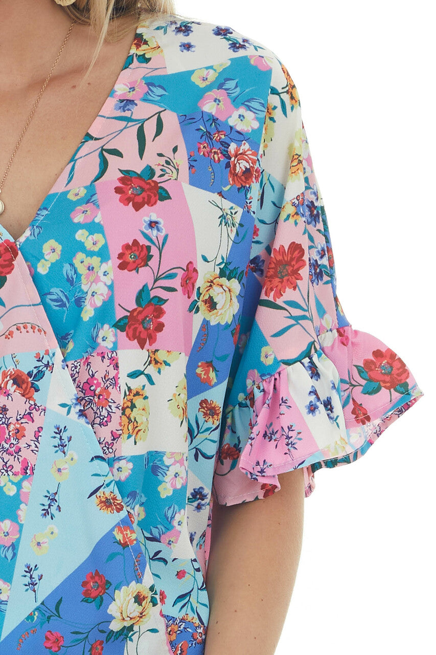 Teal Multiprint Surplice Half Sleeve Blouse 