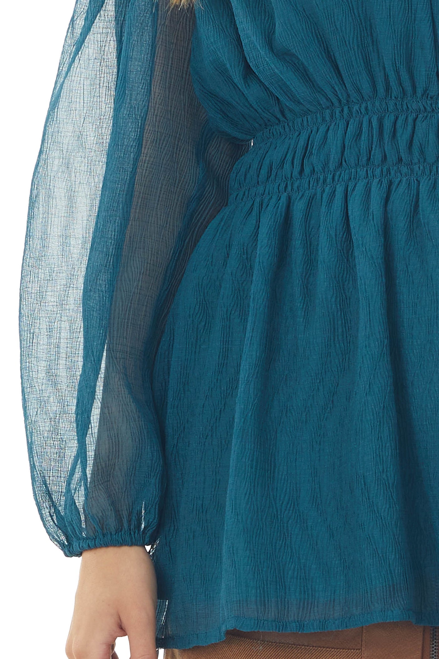 Teal Textured Off Shoulder Smocked Waist Top