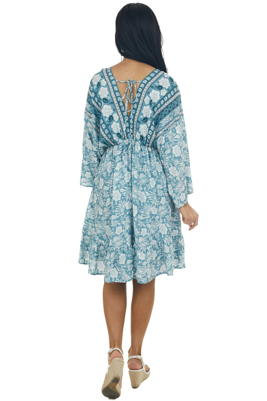 Teal Tropical 3/4 Sleeve Back Tie Dress