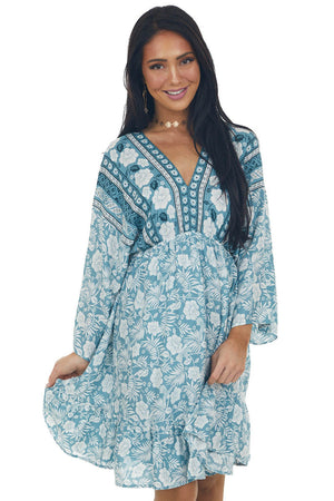 Teal Tropical 3/4 Sleeve Back Tie Dress