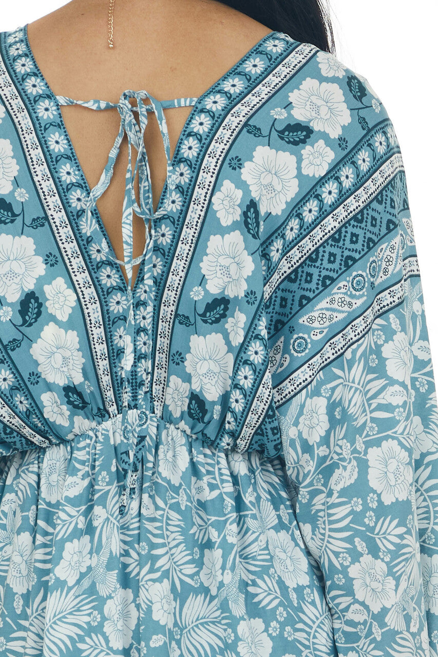 Teal Tropical 3/4 Sleeve Back Tie Dress