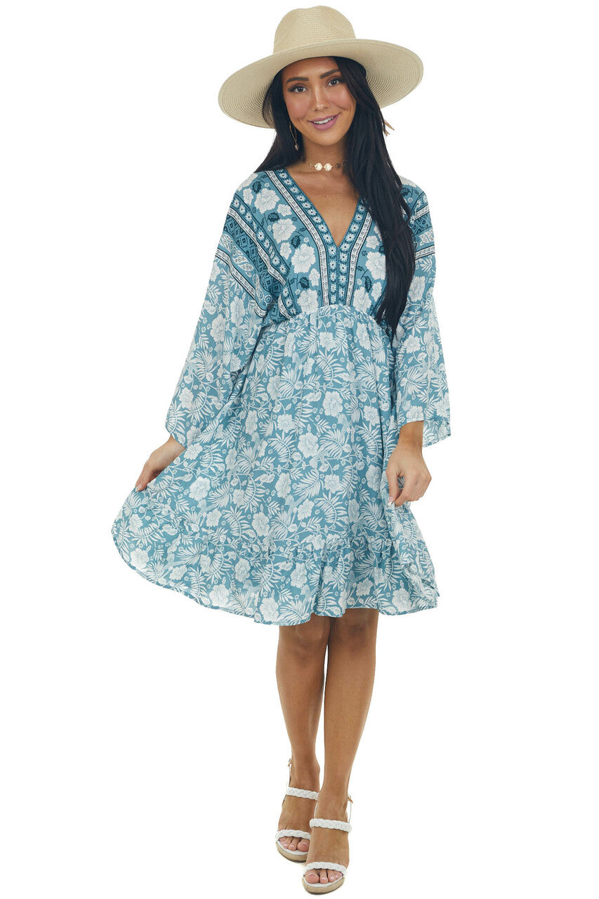 Teal Tropical 3/4 Sleeve Back Tie Dress