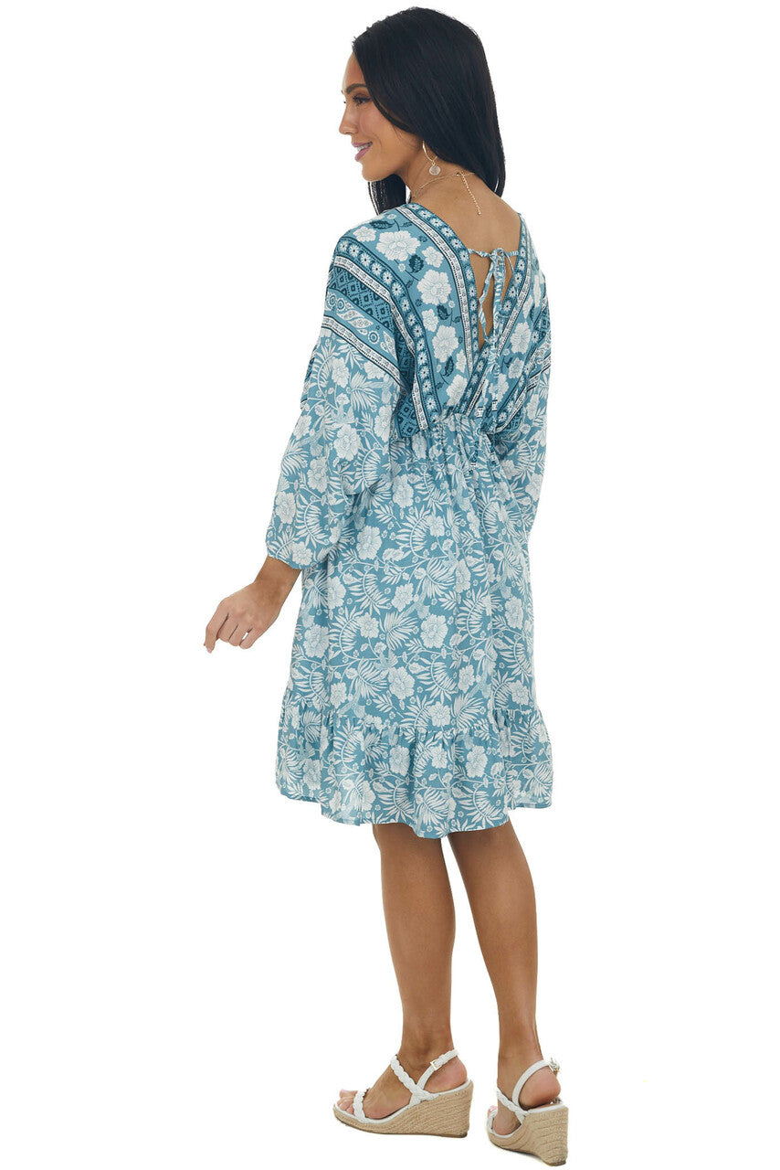 Teal Tropical 3/4 Sleeve Back Tie Dress