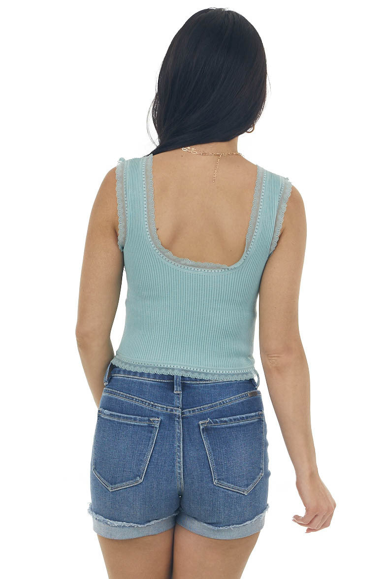 Teal U Neck Lace Trim Ribbed Knit Crop Tank