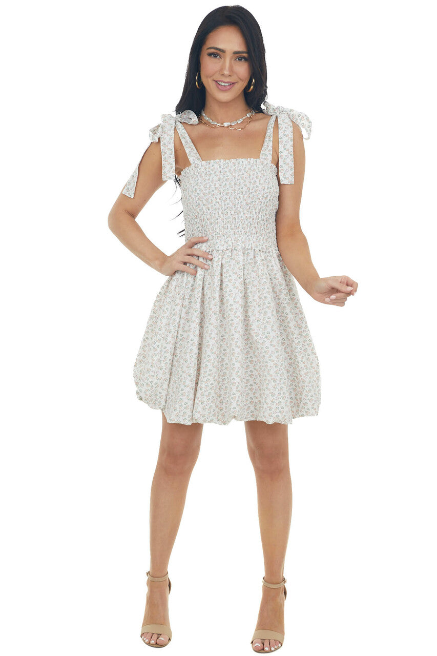 Terracotta Ditsy Floral Bubble Hem Mini Dress