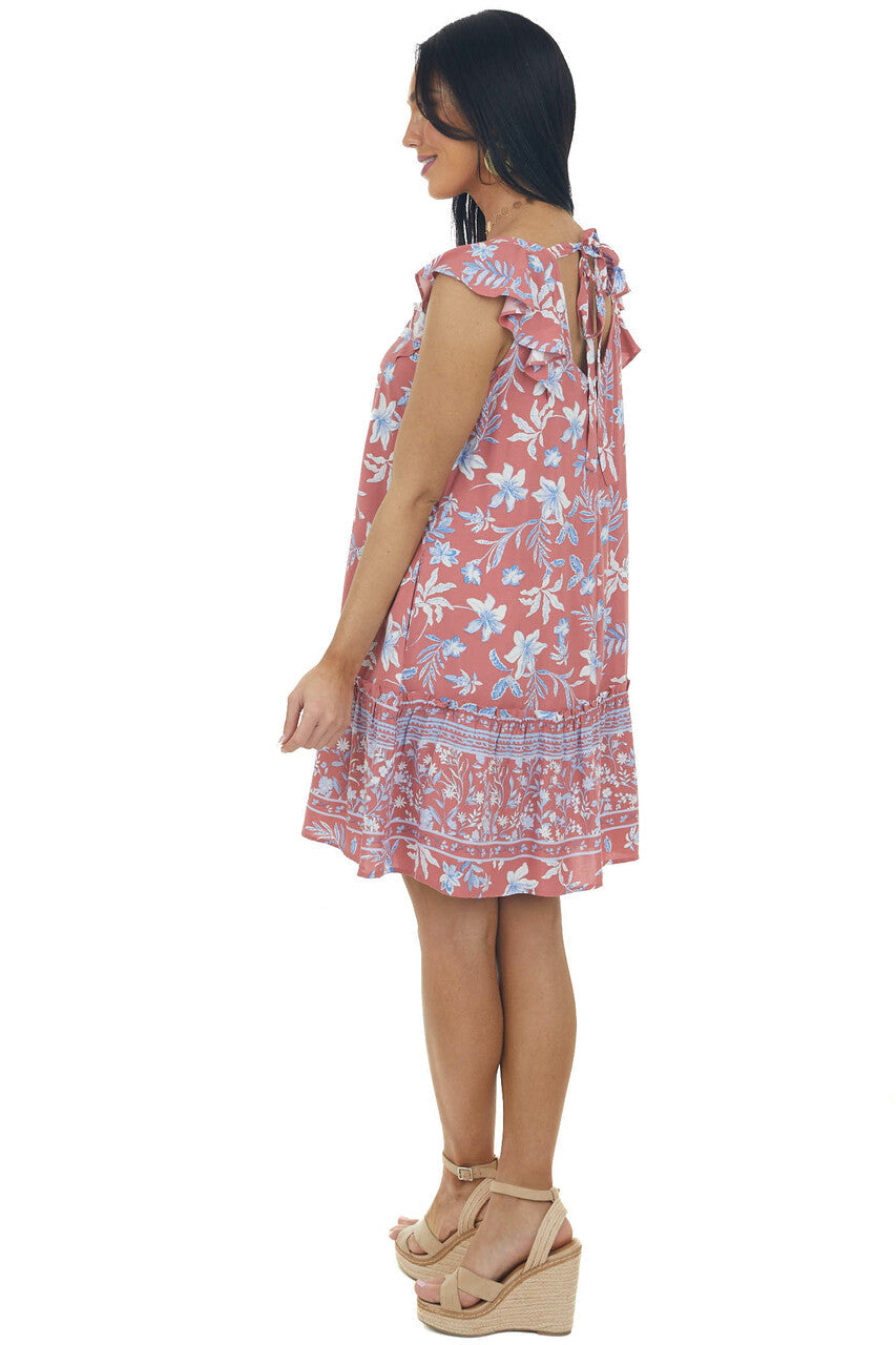 Salmon Floral Cap Sleeve Short Dress