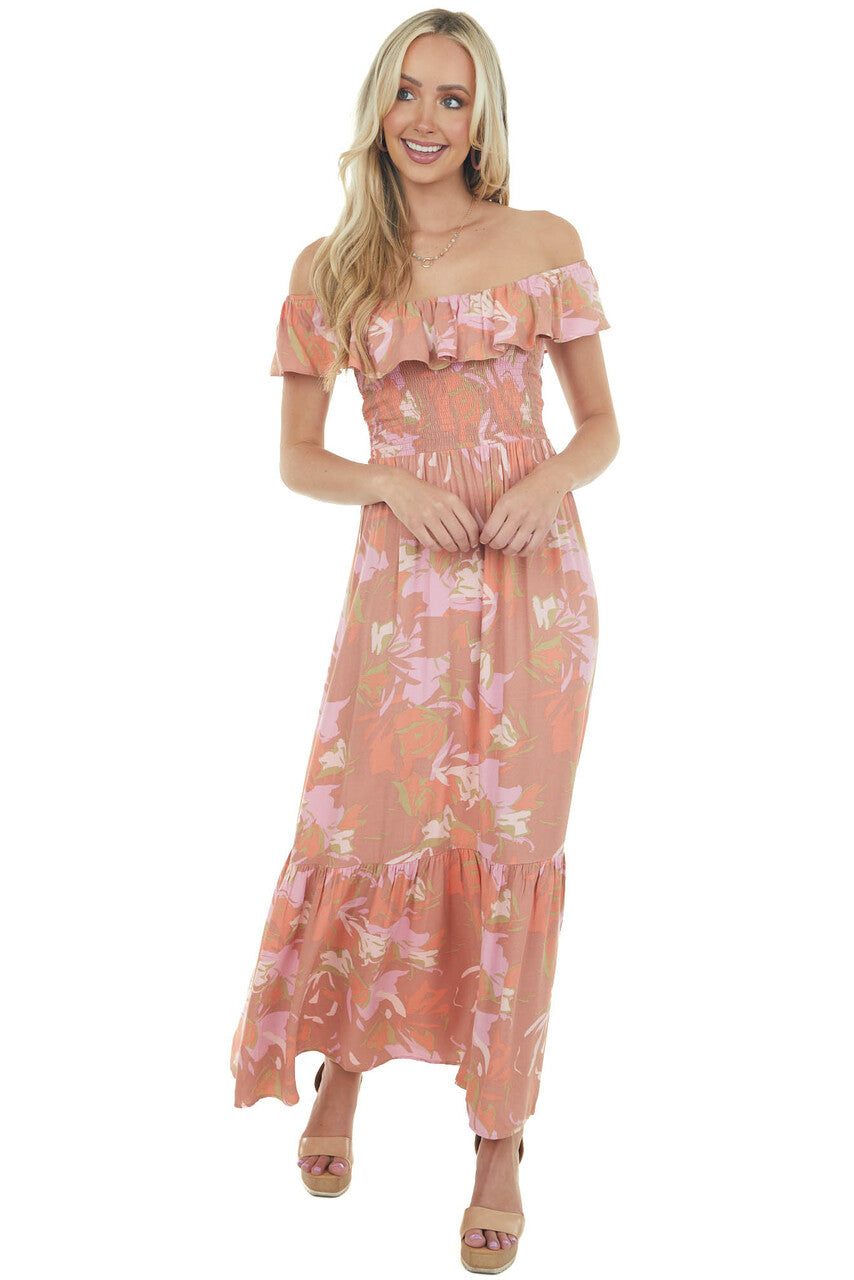Terracotta Floral Open Back Smocked Maxi Dress