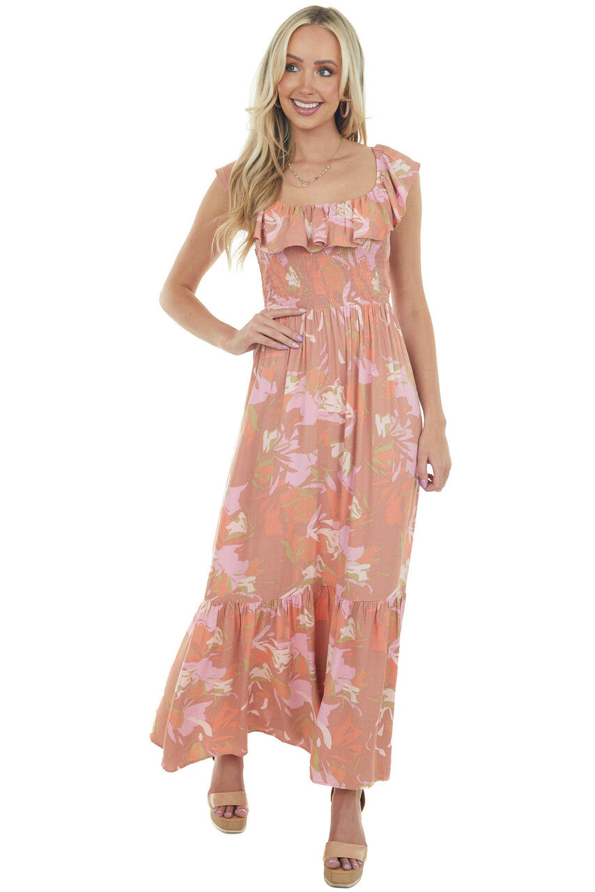 Terracotta Floral Open Back Smocked Maxi Dress