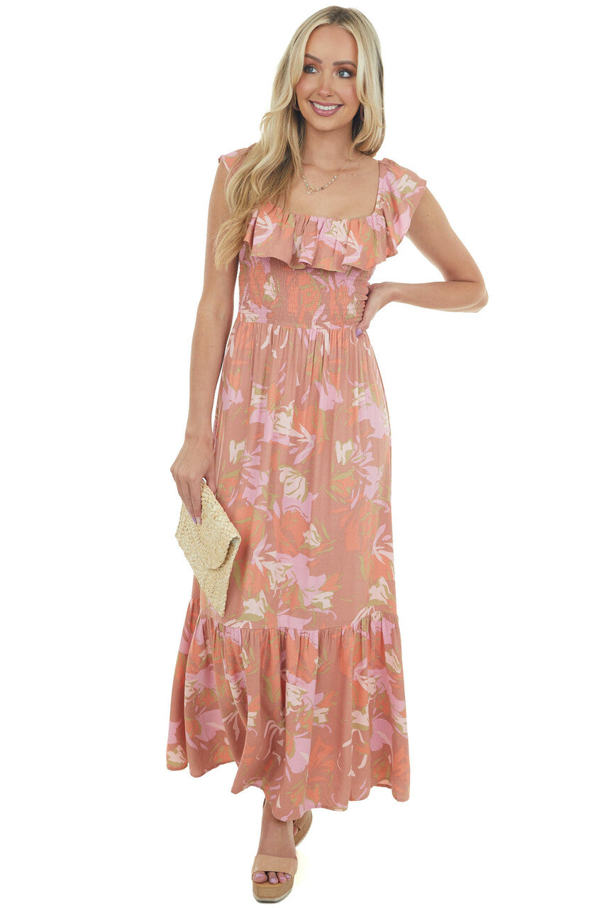 Terracotta Floral Open Back Smocked Maxi Dress
