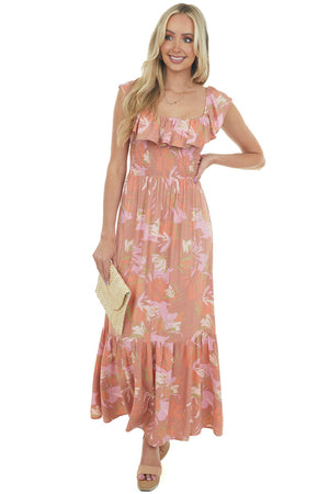 Terracotta Floral Open Back Smocked Maxi Dress