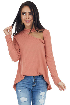 Terracotta Long Sleeve Stretchy Knit Top with Cut Out Detail