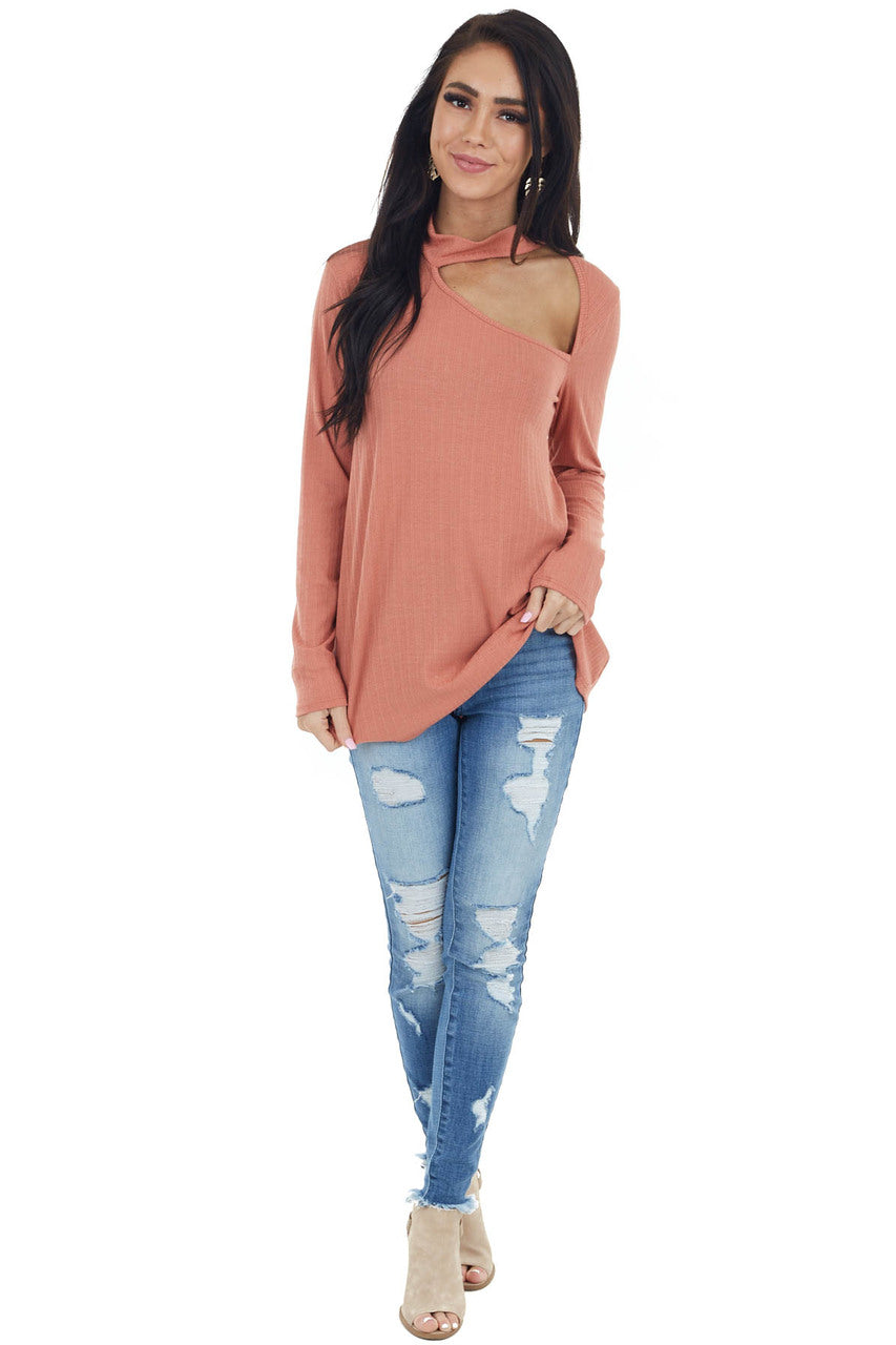 Terracotta Long Sleeve Stretchy Knit Top with Cut Out Detail