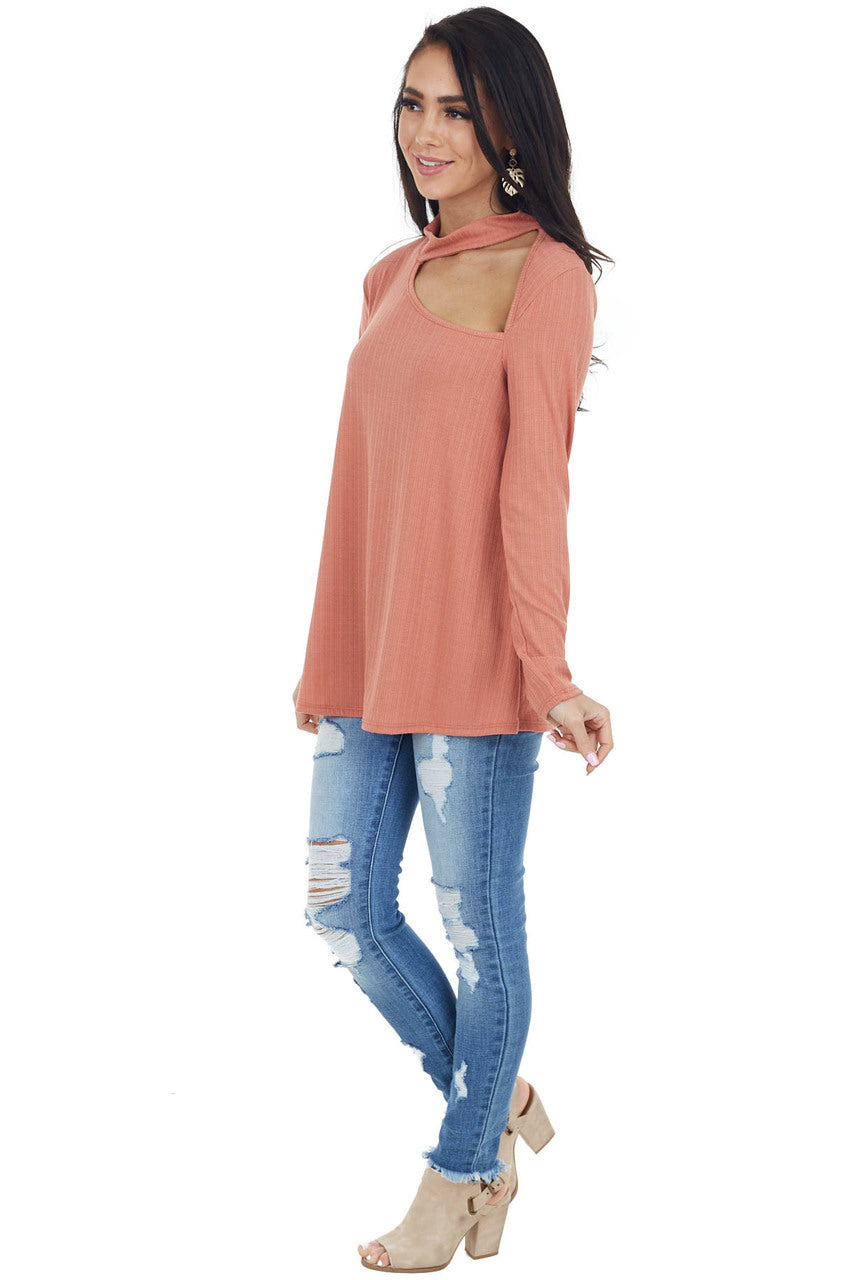 Terracotta Long Sleeve Stretchy Knit Top with Cut Out Detail