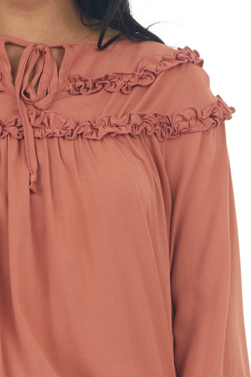 Terracotta Notch Neck Tie Tiered Frill Blouse
