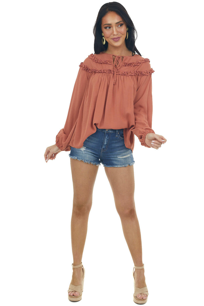 Terracotta Notch Neck Tie Tiered Frill Blouse