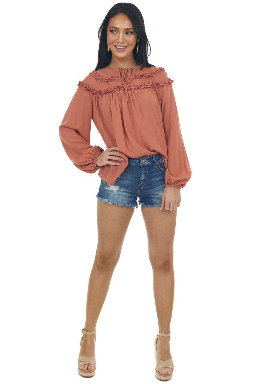 Terracotta Notch Neck Tie Tiered Frill Blouse