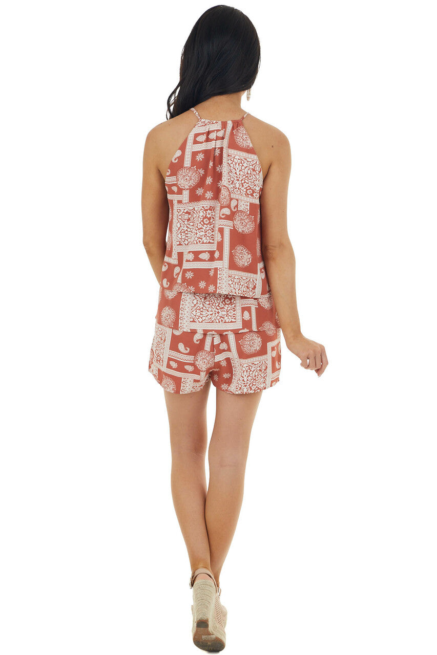 Terracotta Printed Halter Neck Tiered Woven Romper