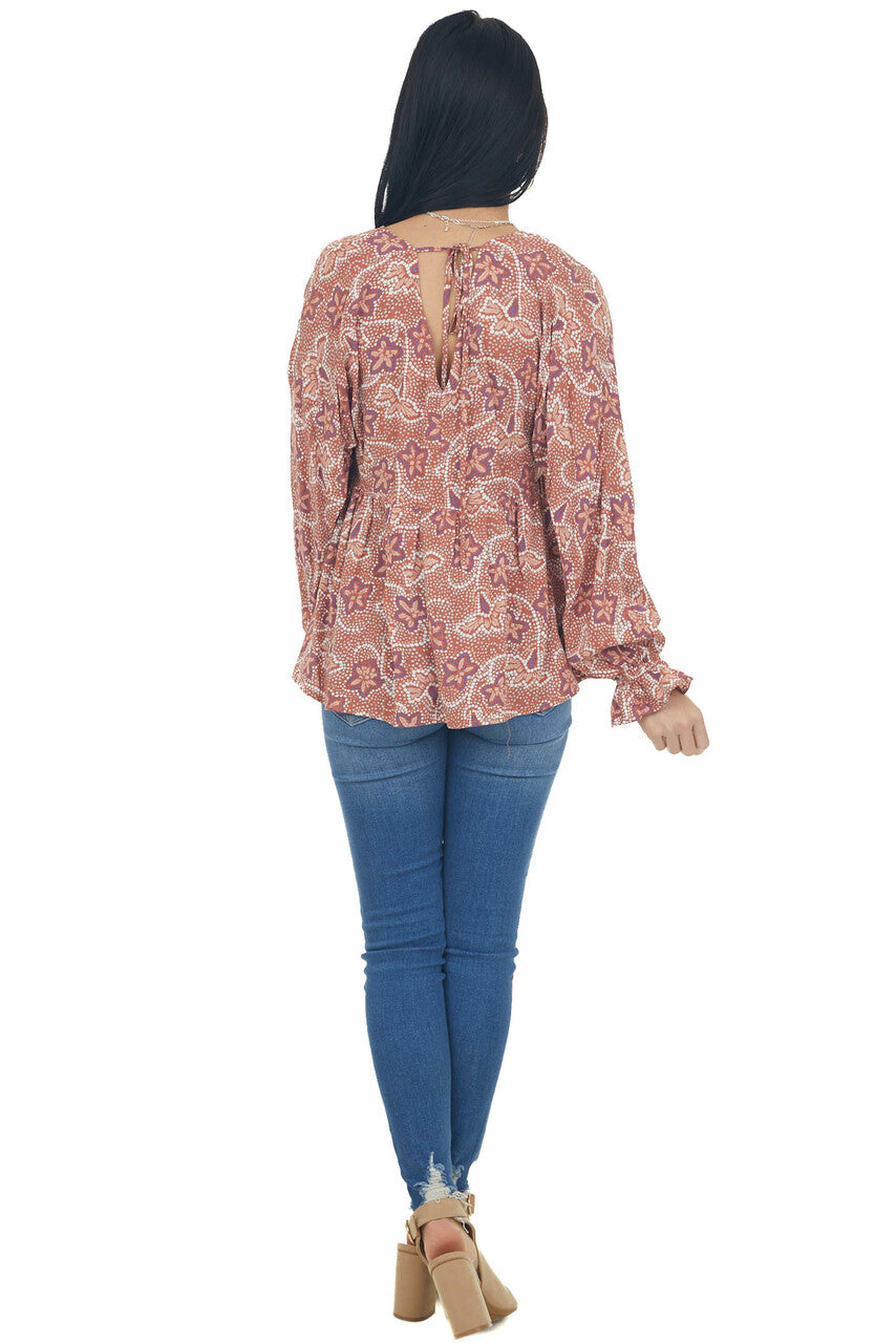 Terracotta Printed Puff Sleeve Babydoll Blouse