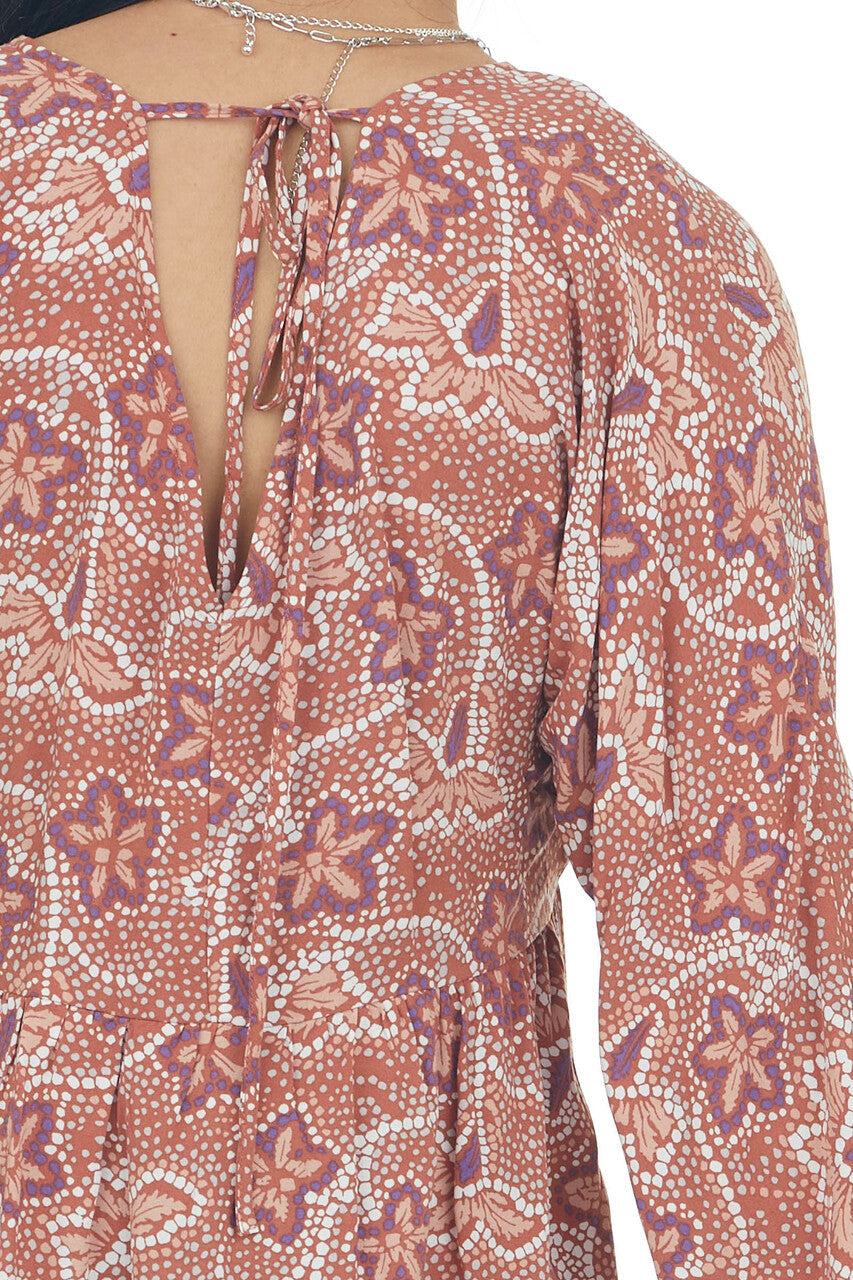 Terracotta Printed Puff Sleeve Babydoll Blouse