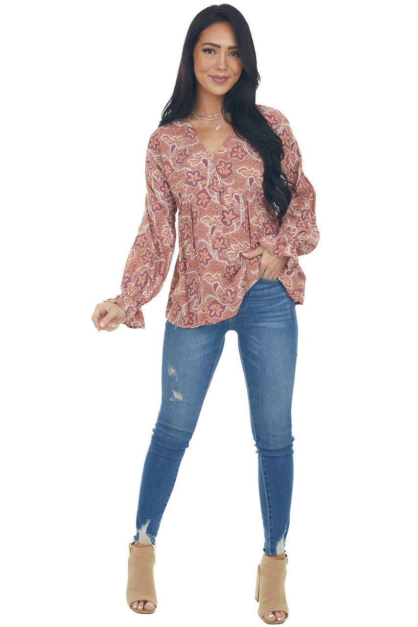 Terracotta Printed Puff Sleeve Babydoll Blouse