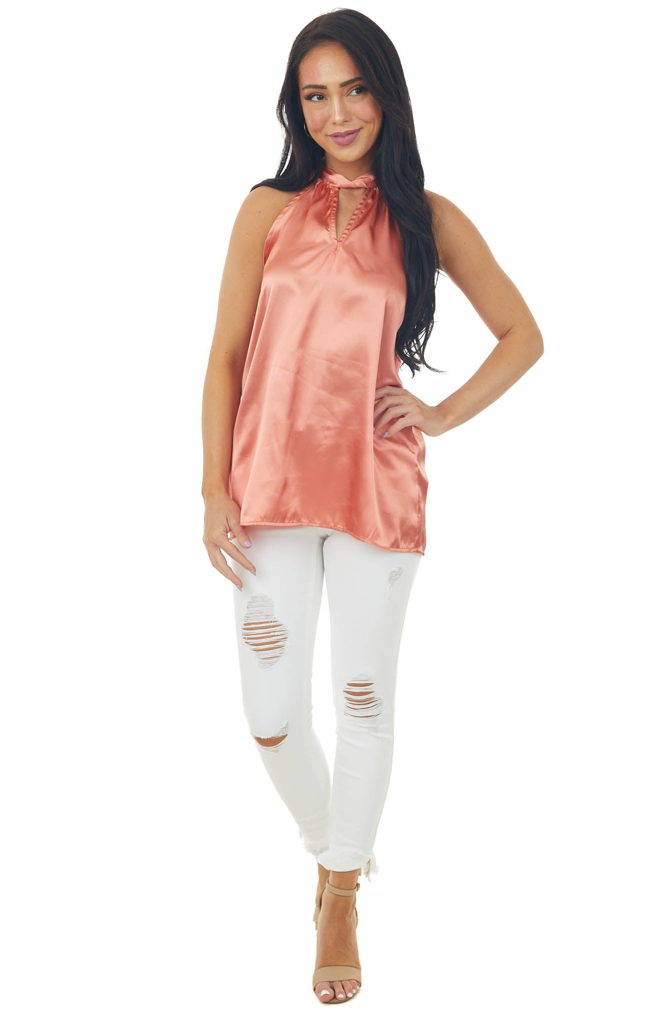 Terracotta Silky Satin Sleeveless Halter Top