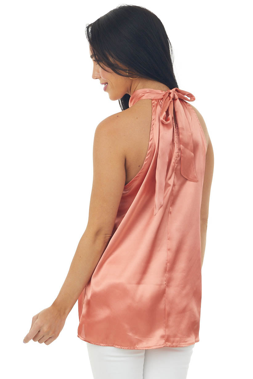 Terracotta Silky Satin Sleeveless Halter Top