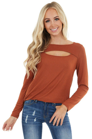 Terracotta Soft Ribbed Long Sleeve Top with Neckline Cutout