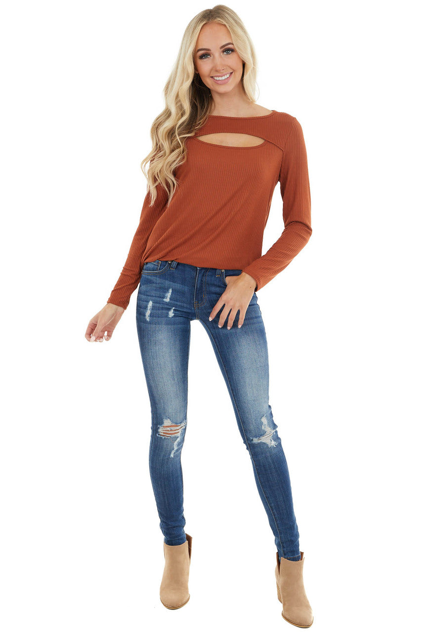 Terracotta Soft Ribbed Long Sleeve Top with Neckline Cutout