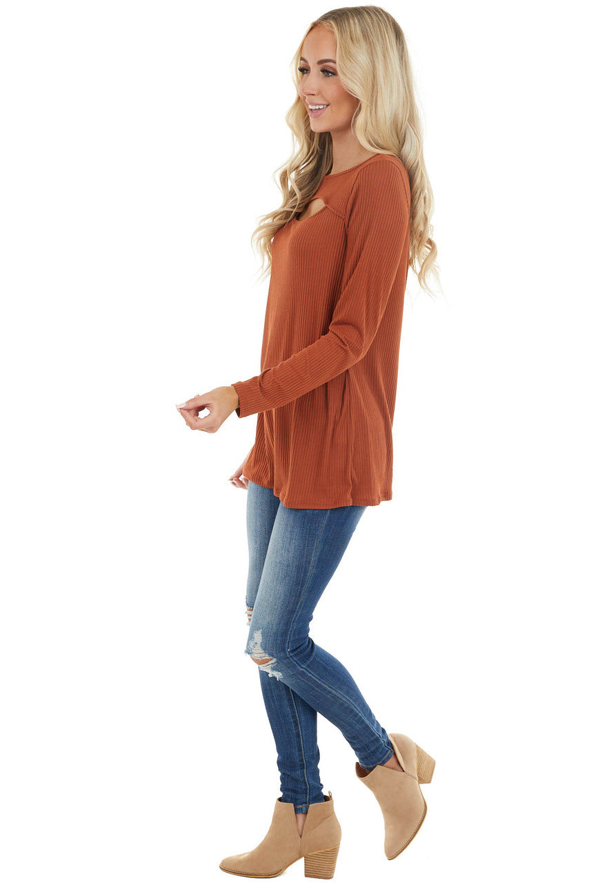 Terracotta Soft Ribbed Long Sleeve Top with Neckline Cutout