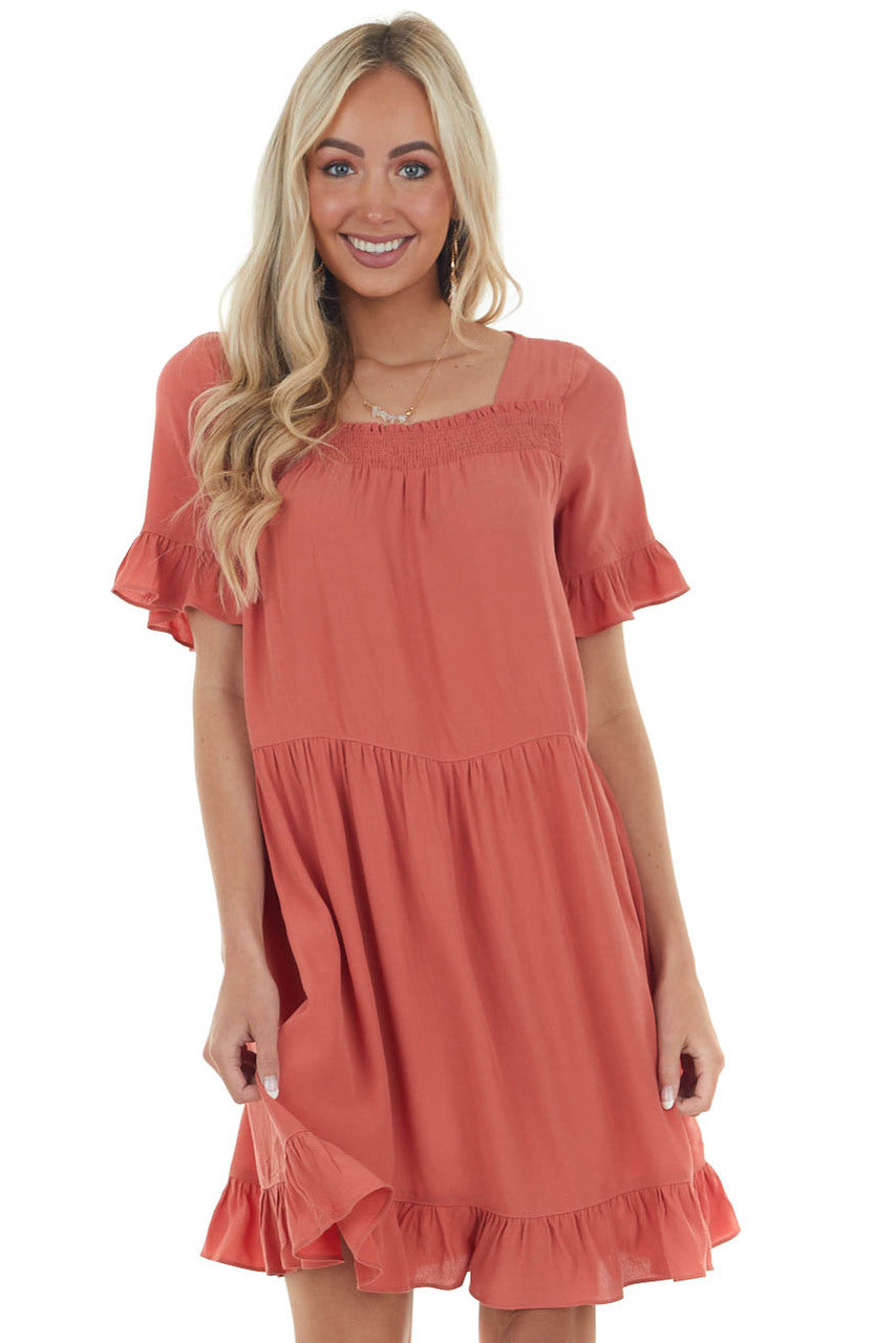 Terracotta Square Neck Tiered Short Dress