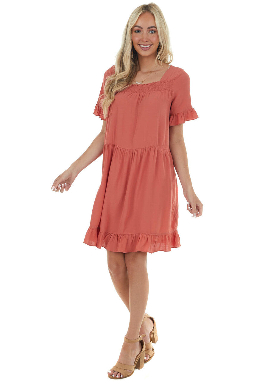 Terracotta Square Neck Tiered Short Dress