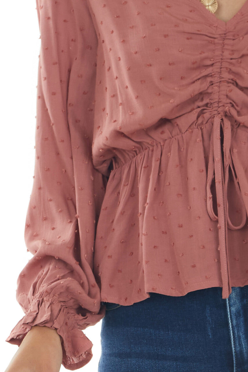 Terracotta Swiss Dot Ruched Puff Sleeve Blouse