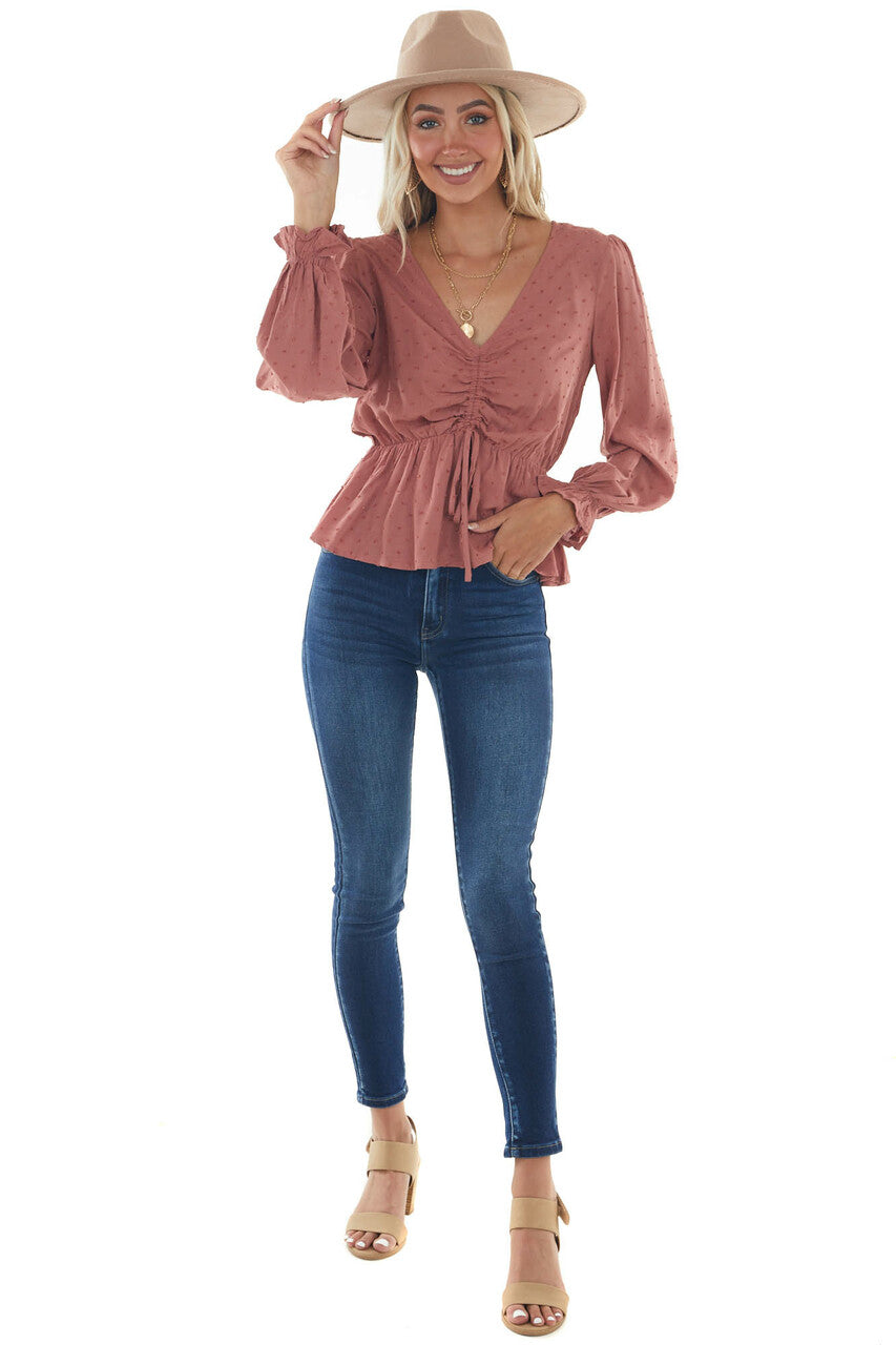Terracotta Swiss Dot Ruched Puff Sleeve Blouse