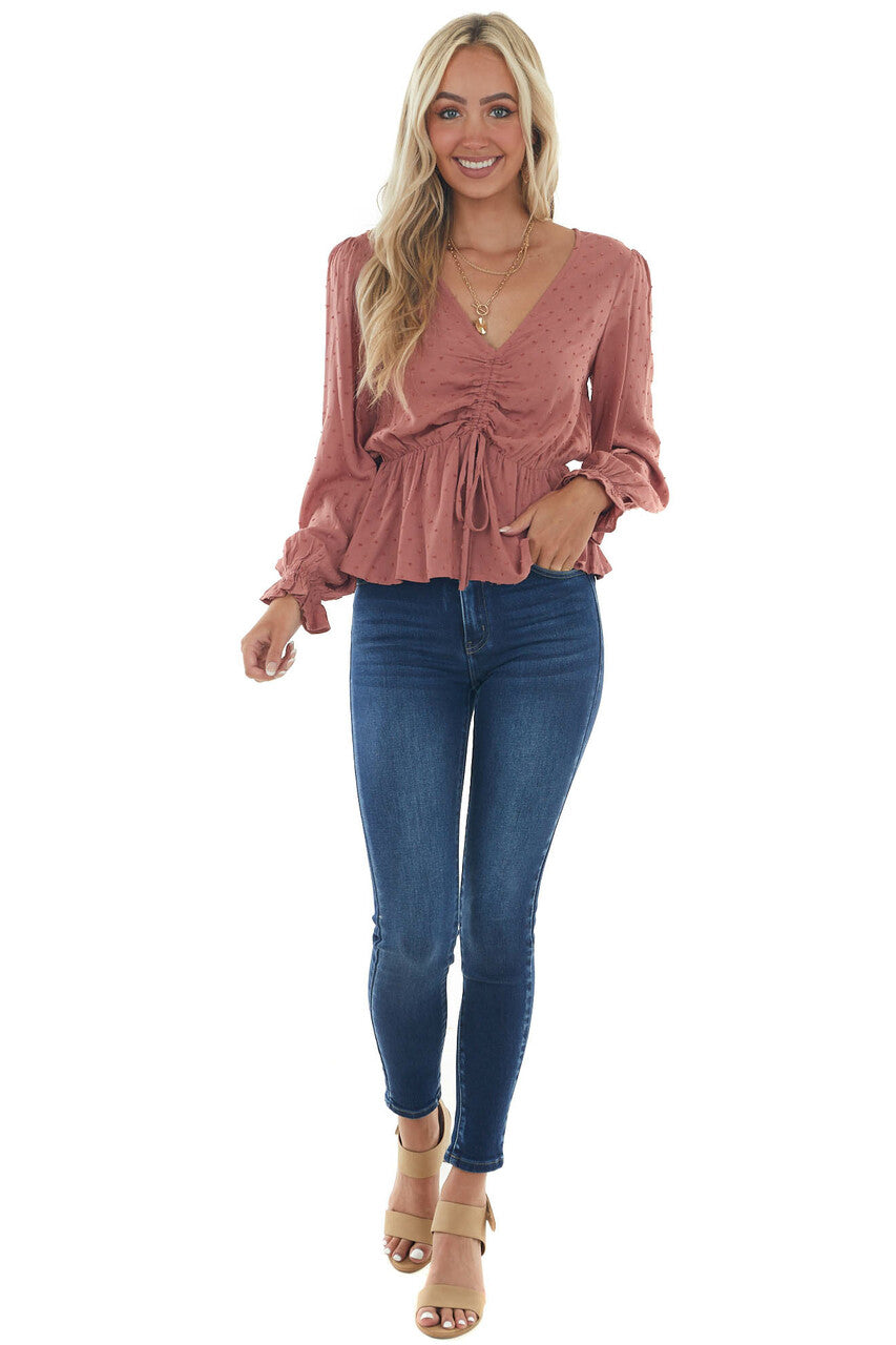 Terracotta Swiss Dot Ruched Puff Sleeve Blouse