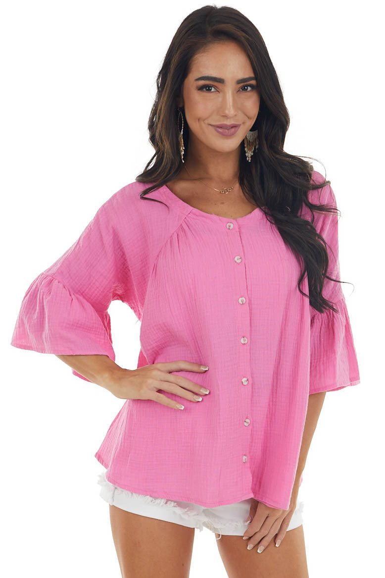 Thulian Pink Button Down Flare Sleeve Blouse 