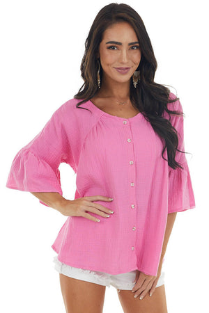 Thulian Pink Button Down Flare Sleeve Blouse 