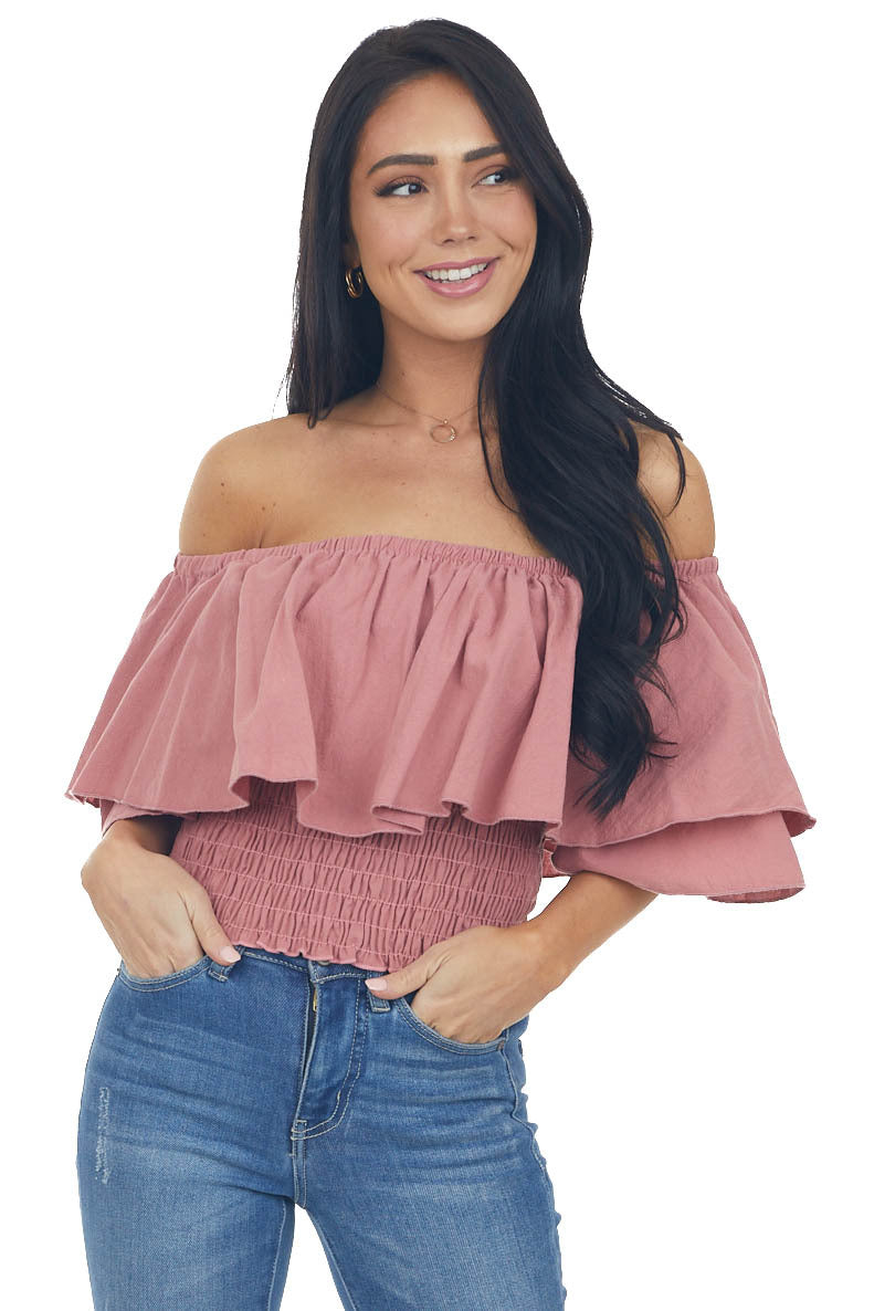 Thulian Pink Off Shoulder Overlay Smocked Top