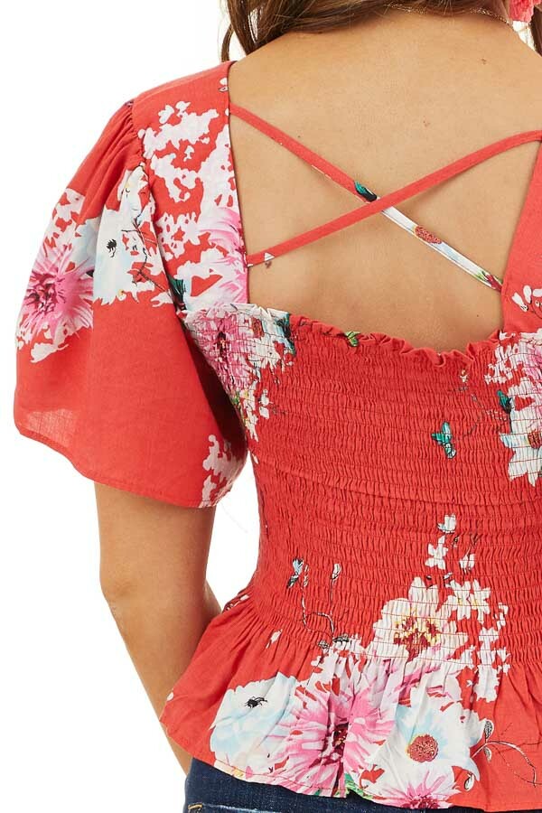 Tomato Red Floral Print Smocked Crop Top with Short Sleeves detail