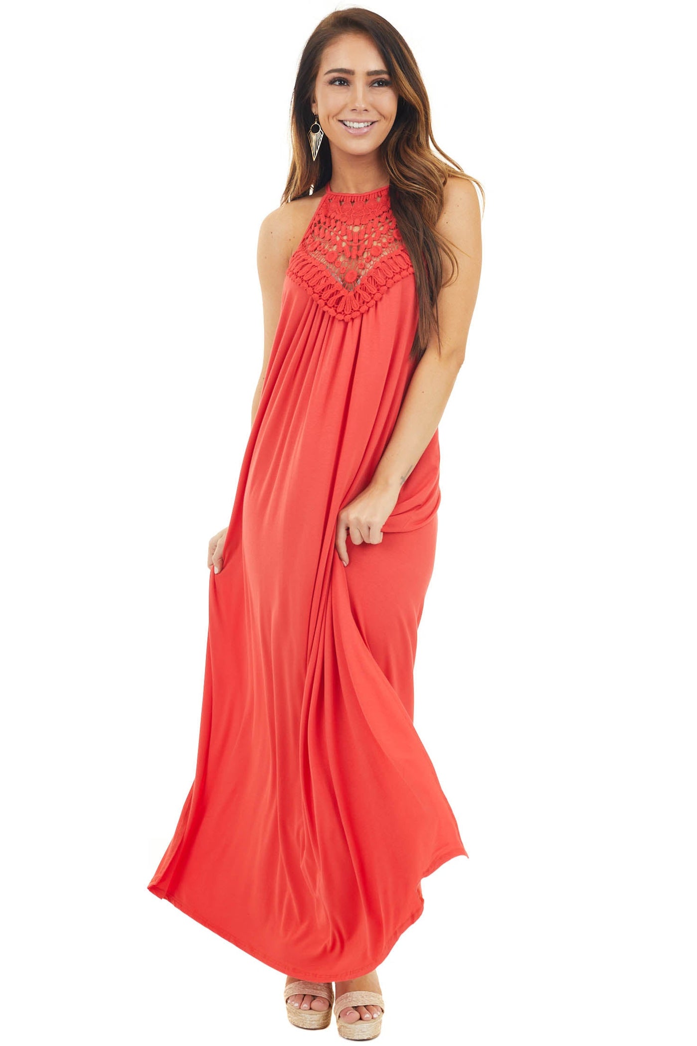 Tomato Red Spaghetti Strap Maxi Dress with Front Lace Detail