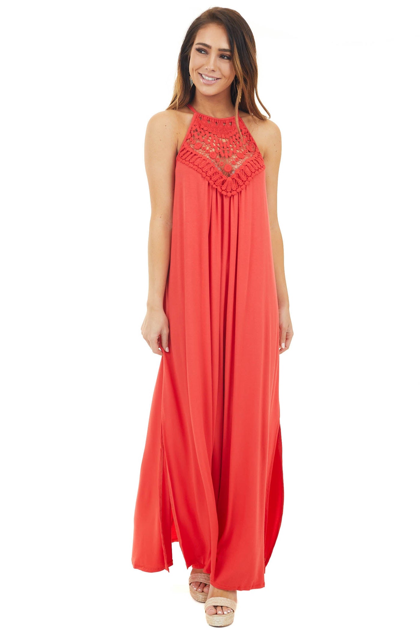 Tomato Red Spaghetti Strap Maxi Dress with Front Lace Detail