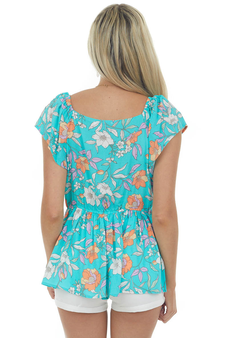 Turquoise Floral Print V Neck Peplum Blouse 