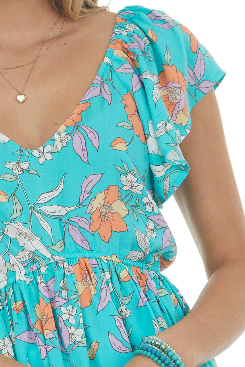 Turquoise Floral Print V Neck Peplum Blouse 