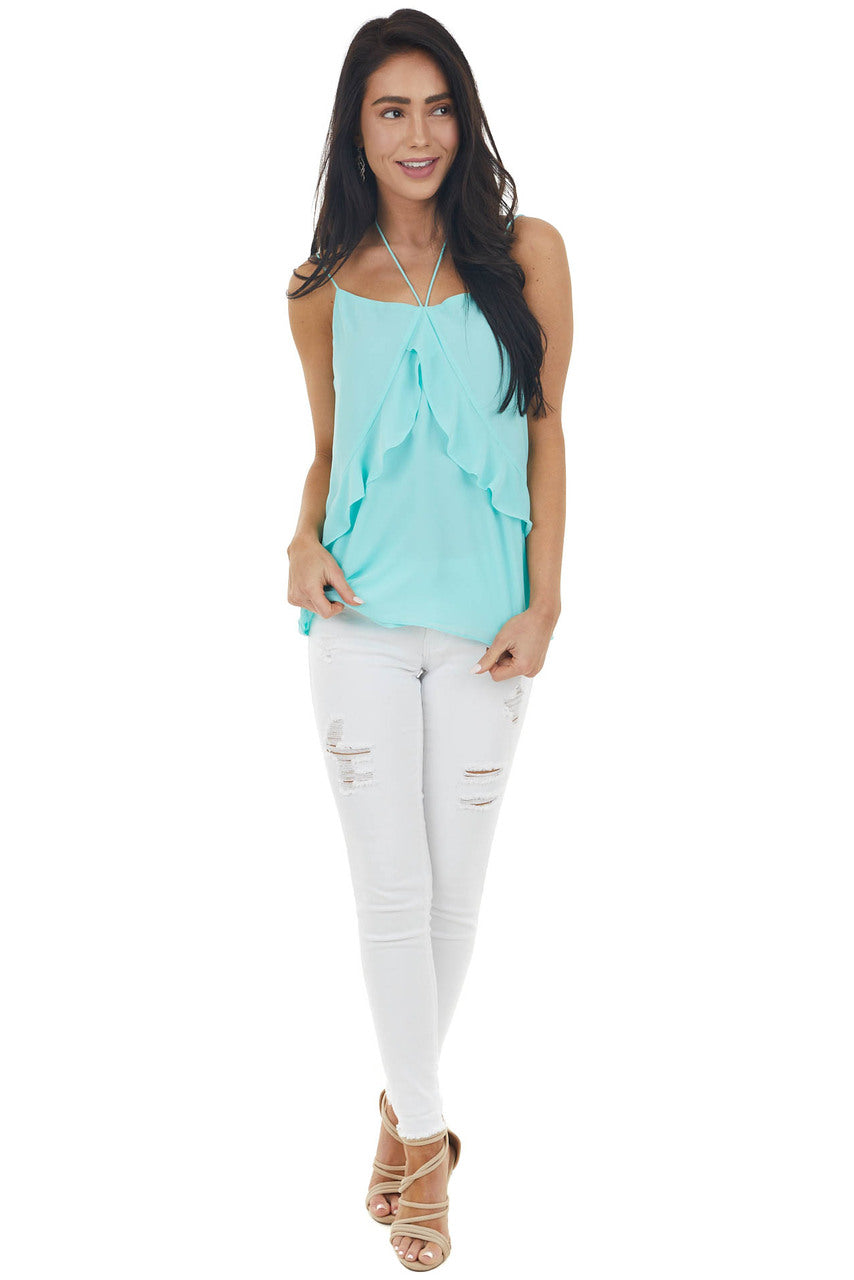 Turquoise Halter Neckline Sleeveless Woven Ruffle Camisole