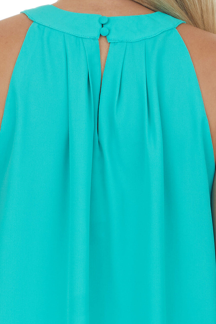 Turquoise Pleated Halter Neck Keyhole Blouse