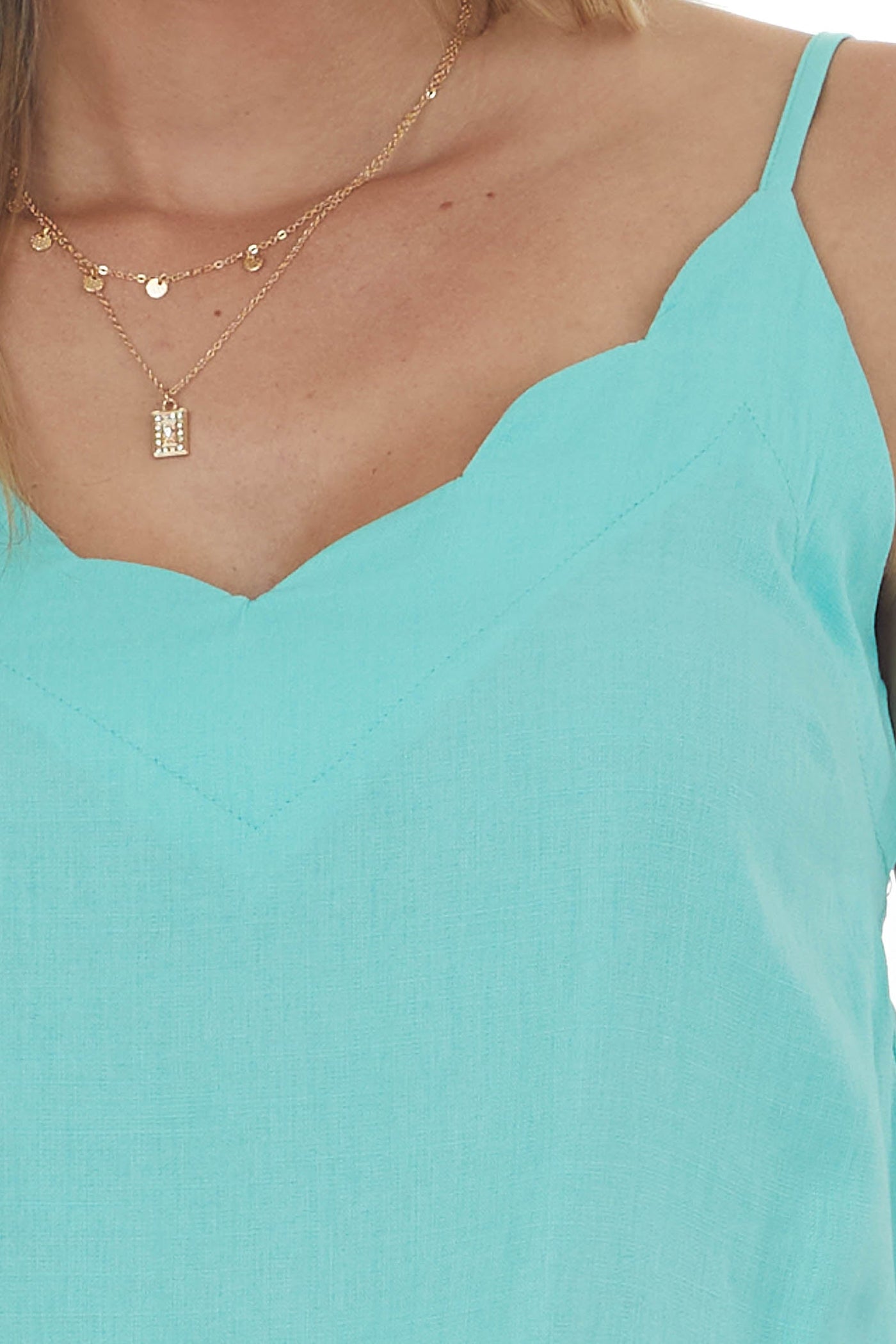 Turquoise Scalloped Woven Top with Side Slits