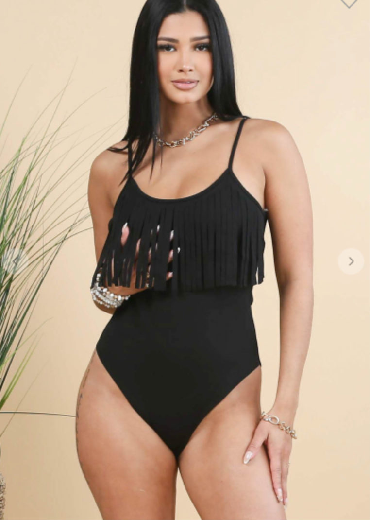 Black Sleeveless Bodysuit with Fringe