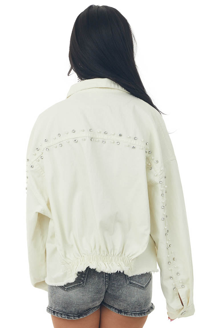 Vanilla Beaded Pearl Frayed Denim Jacket